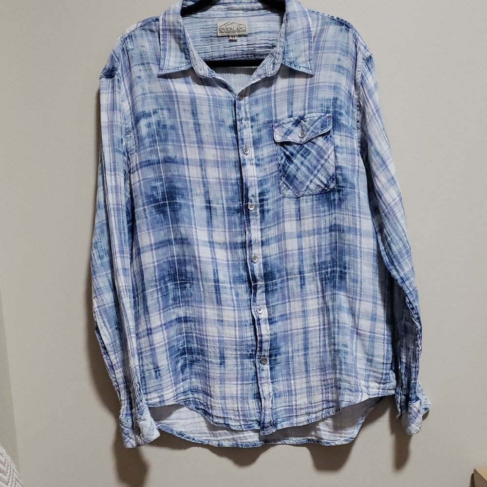 Overland Men's Distressed Blue Plaid Casual Button-Down 100% Cotton Shirt XL